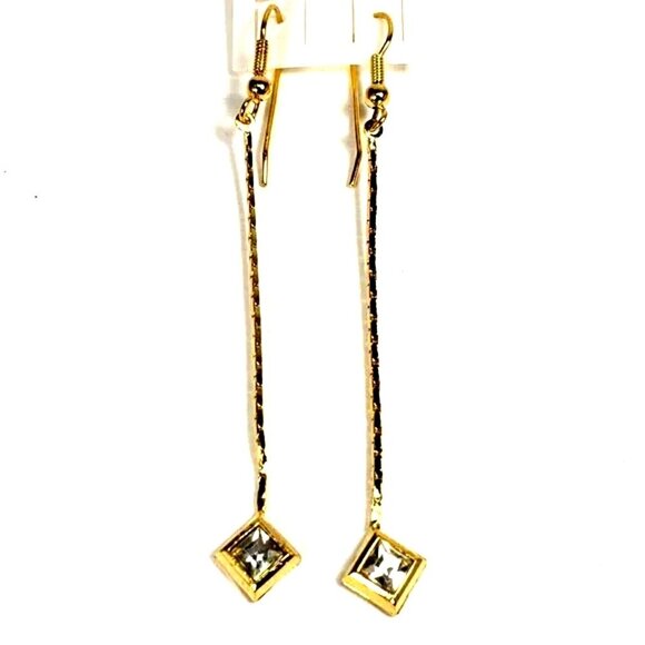 Gold tone Geometric Crystal Long Drop Earrings – Elegant Sparkle Dangle Jewelry - Picture 1 of 11